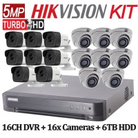 5MP TurboHD Hikvision System KIT: 16CH DVR + 16x Cameras + 6TB HDD