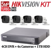 5MP TurboHD Hikvision System KIT: 4CH DVR + 4x Cameras + 1TB HDD